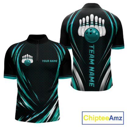 Mens Bowling Polo 1/4-Zip Shirts Custom Black And Teal Hexagon Bowling Team Jersey, Gift For Bowlers NYN4187