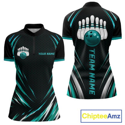 Women Bowling Polo 1/4-Zip Shirts Custom Black And Teal Hexagon Bowling Team Jersey, Gift For Bowlers NYN4187