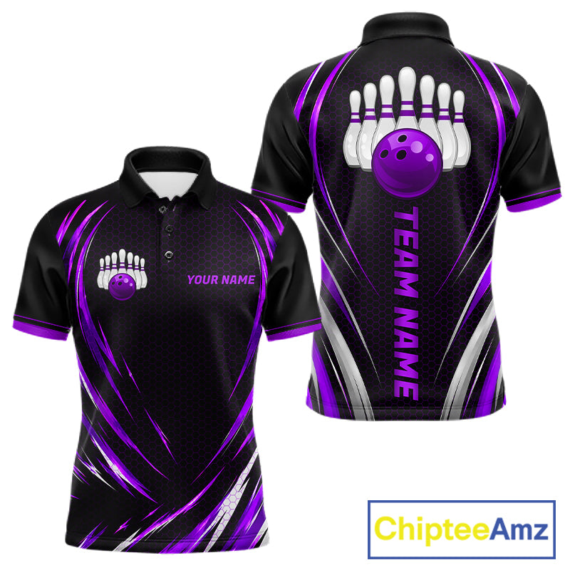 Mens Bowling Polo 1/4-Zip Shirts Custom Black And Purple Hexagon Bowling Team Jersey, Gift For Bowlers NYN4188