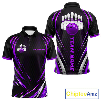 Mens Bowling Polo 1/4-Zip Shirts Custom Black And Purple Hexagon Bowling Team Jersey, Gift For Bowlers NYN4188