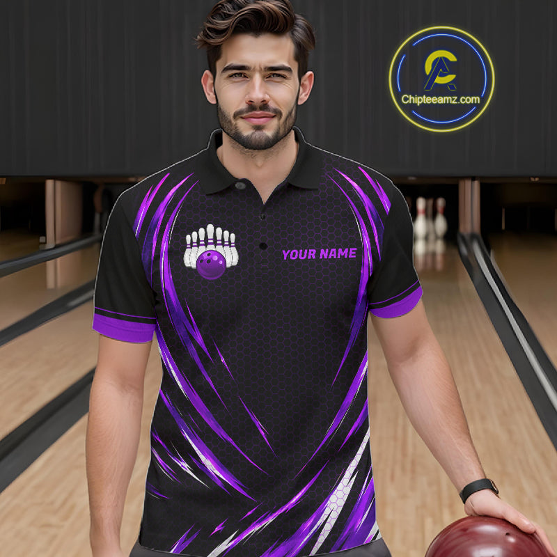 Mens Bowling Polo 1/4-Zip Shirts Custom Black And Purple Hexagon Bowling Team Jersey, Gift For Bowlers NYN4188