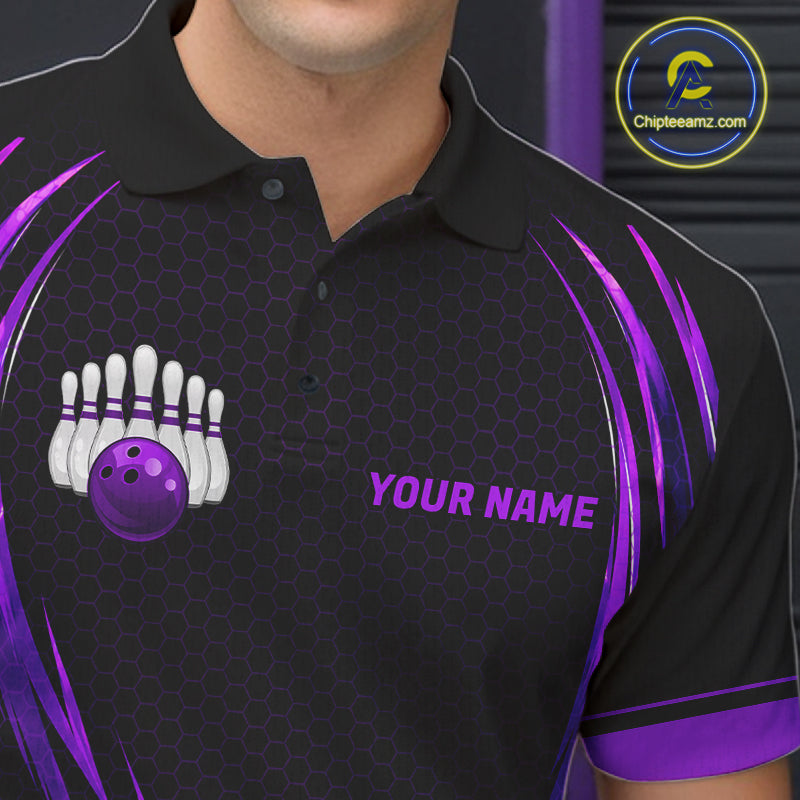 Mens Bowling Polo 1/4-Zip Shirts Custom Black And Purple Hexagon Bowling Team Jersey, Gift For Bowlers NYN4188