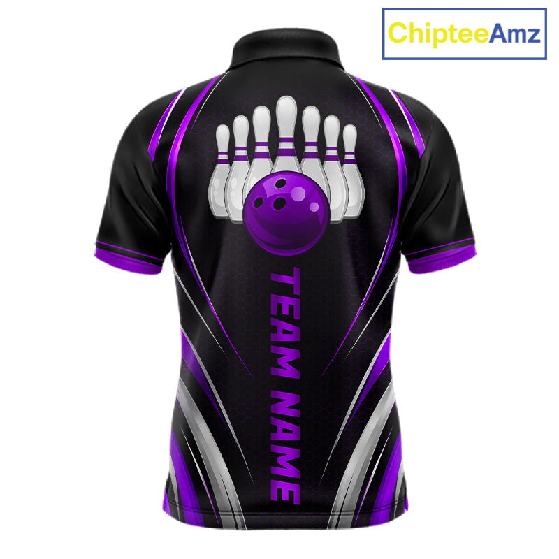 Mens Bowling Polo 1/4-Zip Shirts Custom Black And Purple Hexagon Bowling Team Jersey, Gift For Bowlers NYN4188