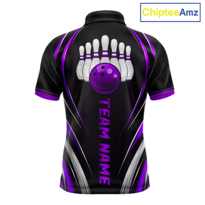Mens Bowling Polo 1/4-Zip Shirts Custom Black And Purple Hexagon Bowling Team Jersey, Gift For Bowlers NYN4188
