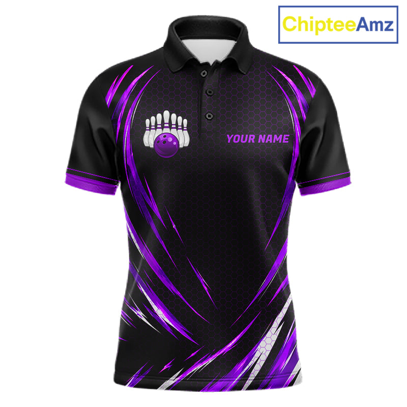 Mens Bowling Polo 1/4-Zip Shirts Custom Black And Purple Hexagon Bowling Team Jersey, Gift For Bowlers NYN4188