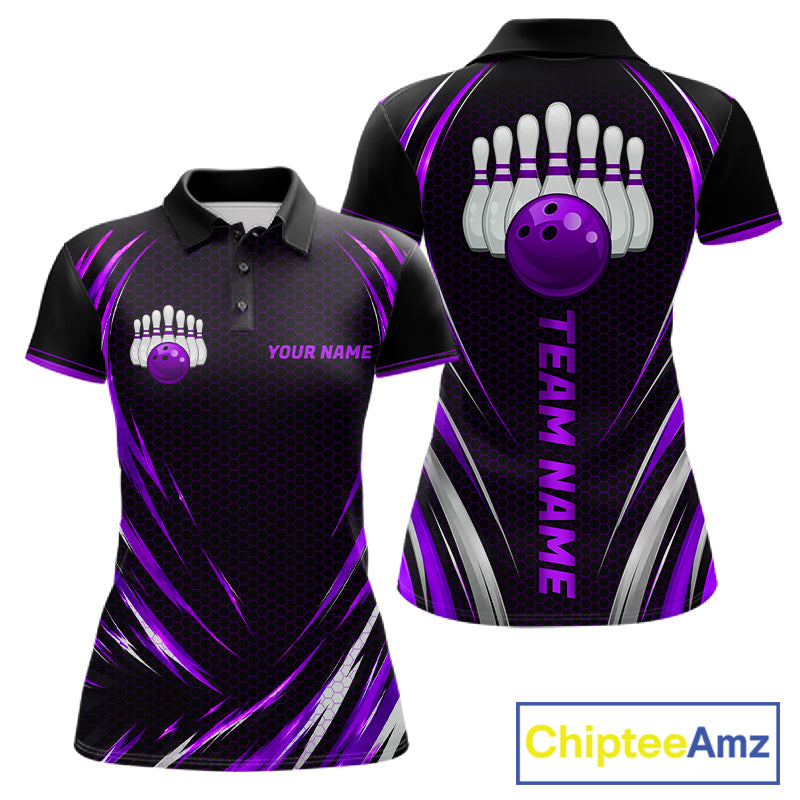 Women Bowling Polo 1/4-Zip Shirts Custom Black And Purple Hexagon Bowling Team Jersey, Gift For Bowlers NYN4188