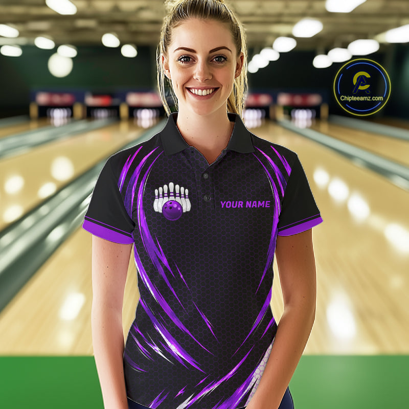 Women Bowling Polo 1/4-Zip Shirts Custom Black And Purple Hexagon Bowling Team Jersey, Gift For Bowlers NYN4188