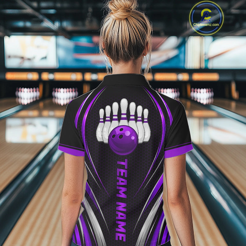 Women Bowling Polo 1/4-Zip Shirts Custom Black And Purple Hexagon Bowling Team Jersey, Gift For Bowlers NYN4188