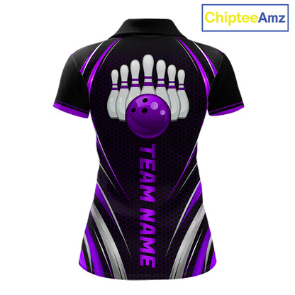 Women Bowling Polo 1/4-Zip Shirts Custom Black And Purple Hexagon Bowling Team Jersey, Gift For Bowlers NYN4188
