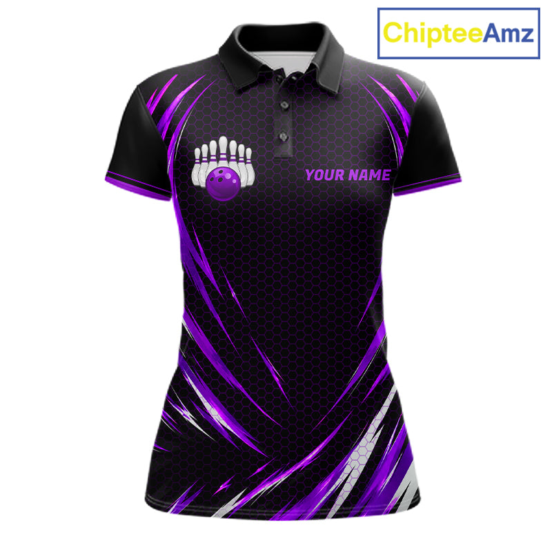 Women Bowling Polo 1/4-Zip Shirts Custom Black And Purple Hexagon Bowling Team Jersey, Gift For Bowlers NYN4188