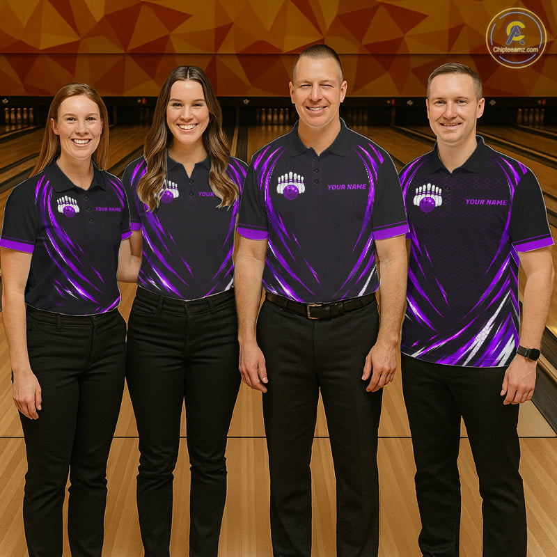 Mens Bowling Polo 1/4-Zip Shirts Custom Black And Purple Hexagon Bowling Team Jersey, Gift For Bowlers NYN4188