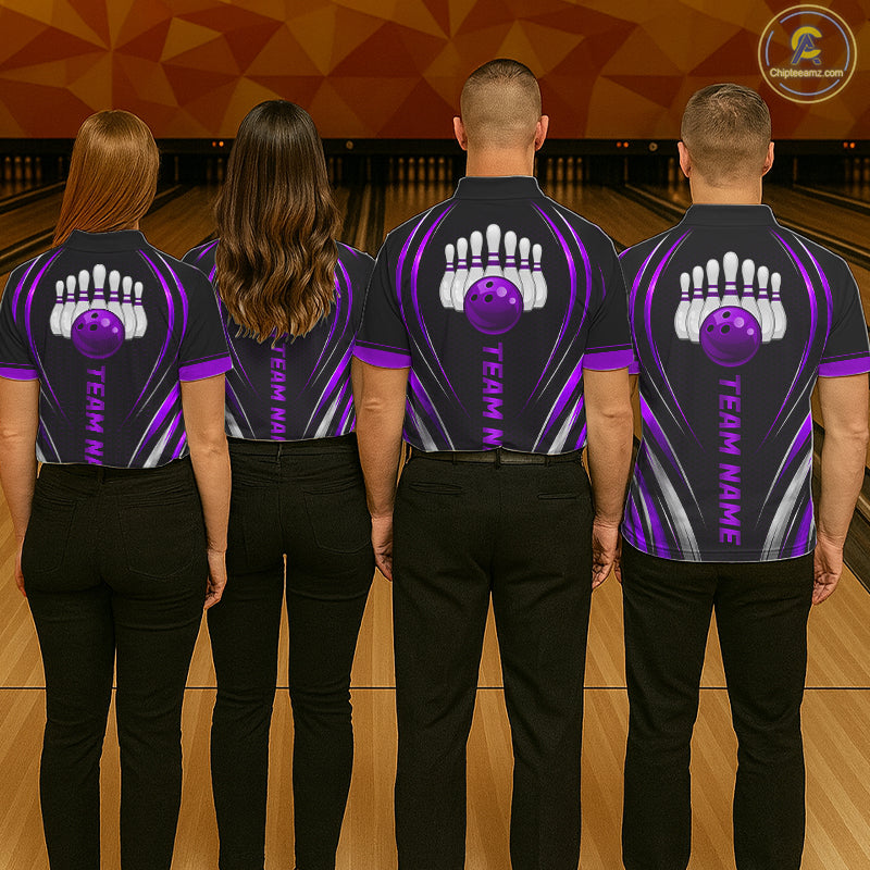 Mens Bowling Polo 1/4-Zip Shirts Custom Black And Purple Hexagon Bowling Team Jersey, Gift For Bowlers NYN4188
