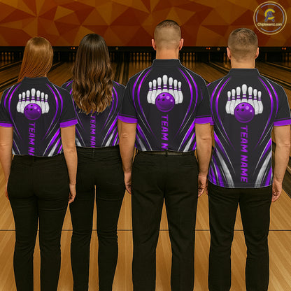 Mens Bowling Polo 1/4-Zip Shirts Custom Black And Purple Hexagon Bowling Team Jersey, Gift For Bowlers NYN4188