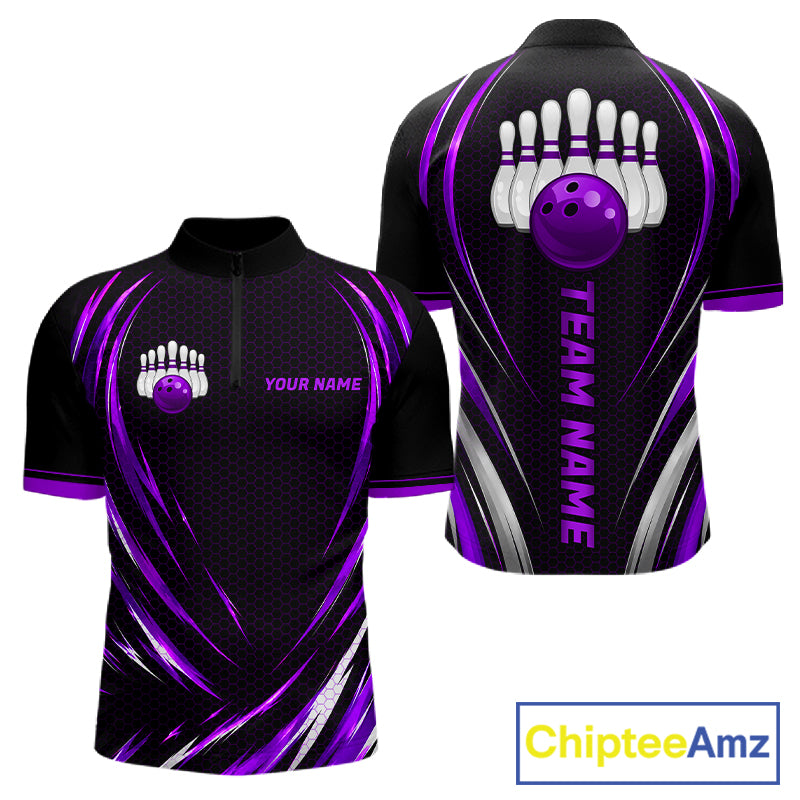 Mens Bowling Polo 1/4-Zip Shirts Custom Black And Purple Hexagon Bowling Team Jersey, Gift For Bowlers NYN4188