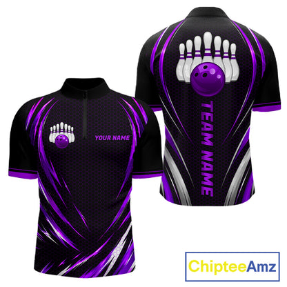 Mens Bowling Polo 1/4-Zip Shirts Custom Black And Purple Hexagon Bowling Team Jersey, Gift For Bowlers NYN4188
