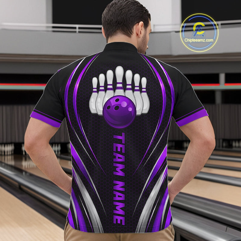 Mens Bowling Polo 1/4-Zip Shirts Custom Black And Purple Hexagon Bowling Team Jersey, Gift For Bowlers NYN4188