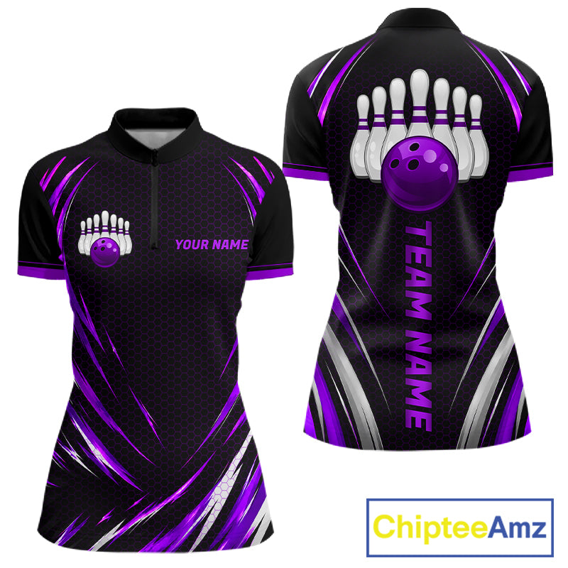 Women Bowling Polo 1/4-Zip Shirts Custom Black And Purple Hexagon Bowling Team Jersey, Gift For Bowlers NYN4188