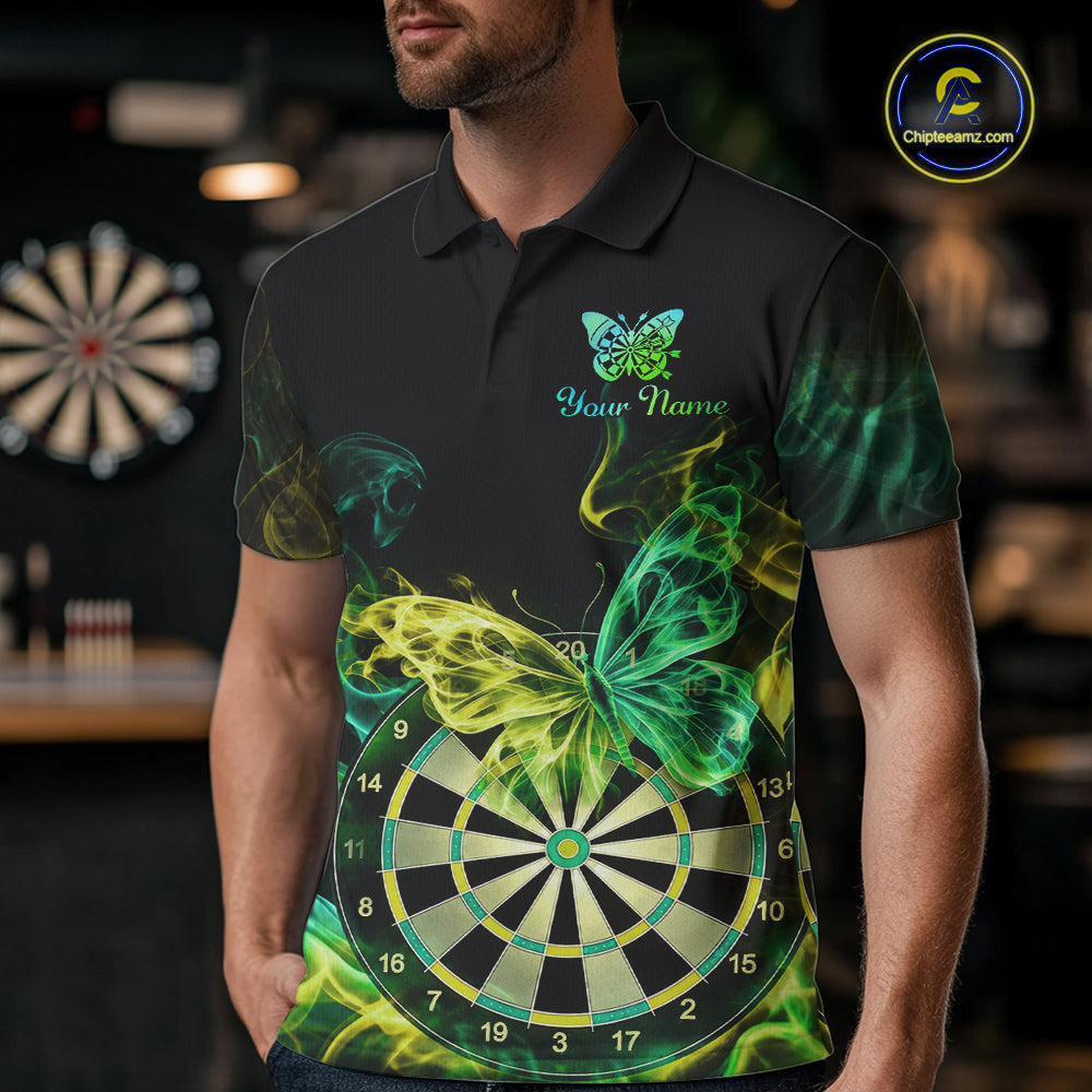 Smoke Butterfly Dartboard Men Dart Polo & 1/4-Zip Shirt Custom Green Yellow Dart Jersey For Darters NYN4597