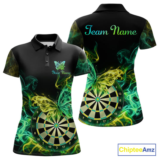 Smoke Butterfly Dartboard Women Dart Polo & 1/4-Zip Shirt Custom Green Yellow Dart Jersey For Darters NYN4597