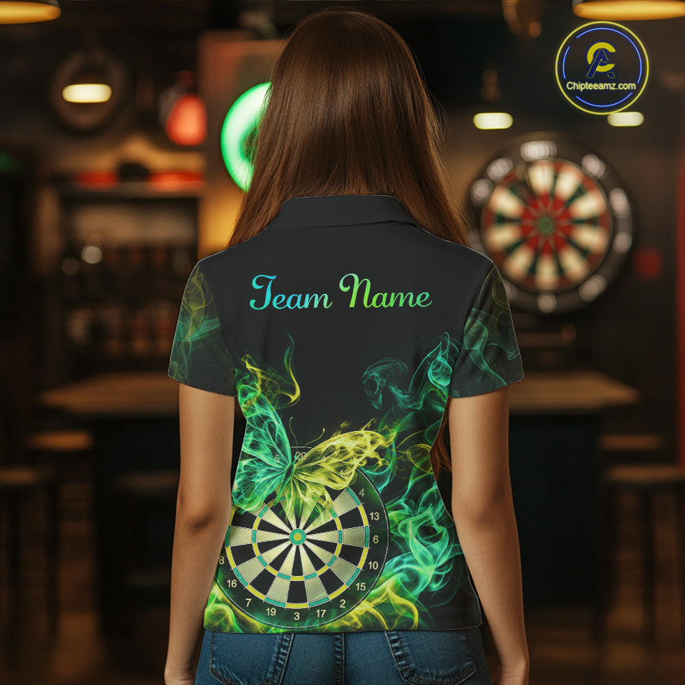Smoke Butterfly Dartboard Women Dart Polo & 1/4-Zip Shirt Custom Green Yellow Dart Jersey For Darters NYN4597