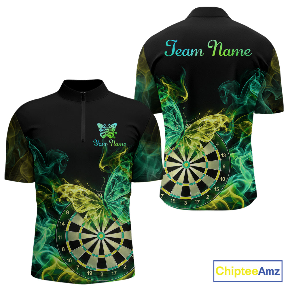 Smoke Butterfly Dartboard Men Dart Polo & 1/4-Zip Shirt Custom Green Yellow Dart Jersey For Darters NYN4597