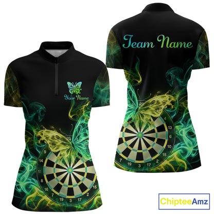 Smoke Butterfly Dartboard Women Dart Polo & 1/4-Zip Shirt Custom Green Yellow Dart Jersey For Darters NYN4597