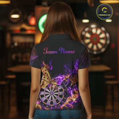 Smoke Butterfly Dartboard Women Dart Polo & 1/4-Zip Shirt Custom Orange Purple Dart Jersey For Darters NYN4598