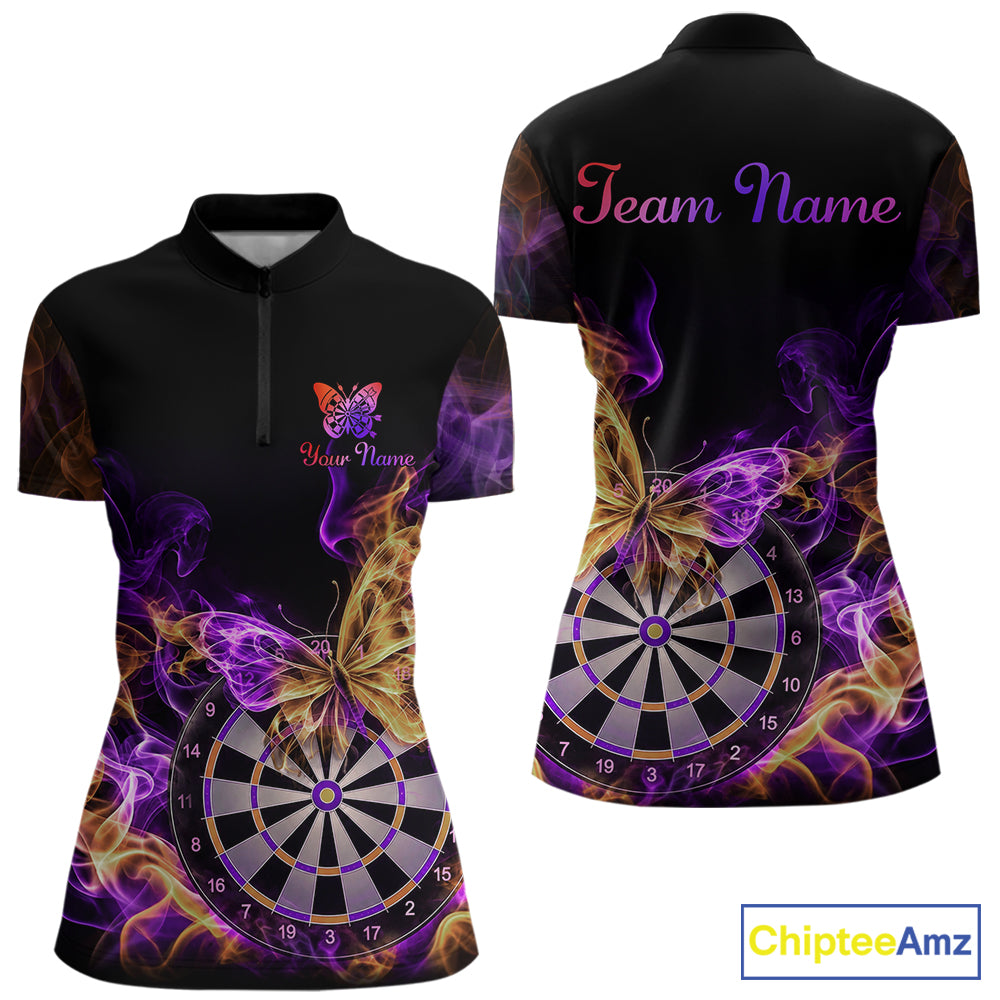 Smoke Butterfly Dartboard Women Dart Polo & 1/4-Zip Shirt Custom Orange Purple Dart Jersey For Darters NYN4598