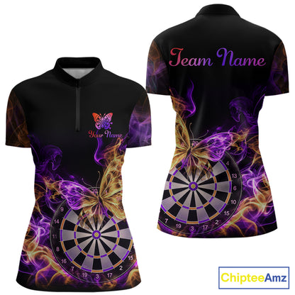 Smoke Butterfly Dartboard Women Dart Polo & 1/4-Zip Shirt Custom Orange Purple Dart Jersey For Darters NYN4598