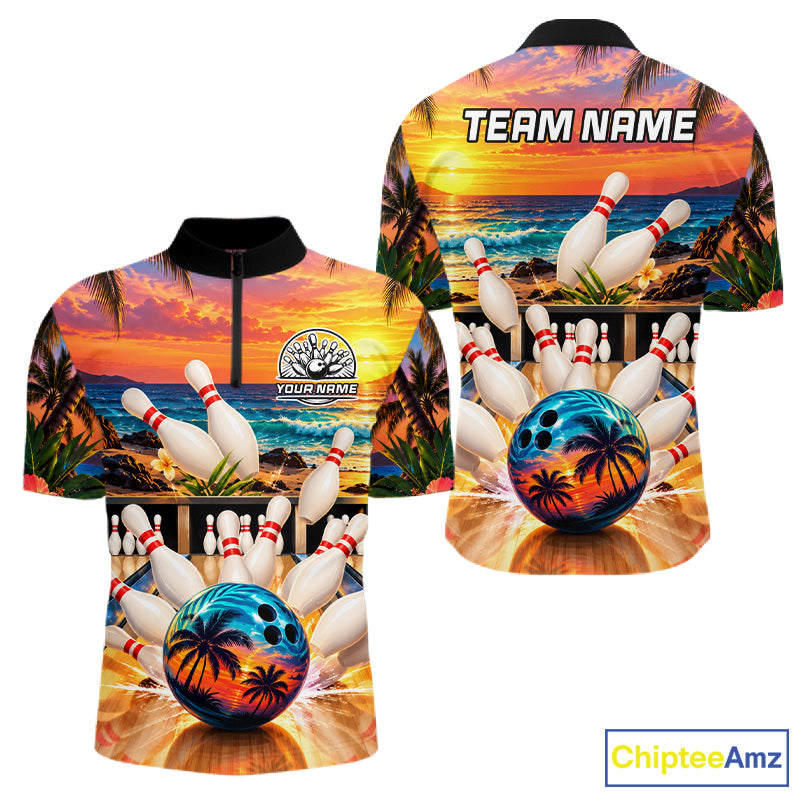 Sunset Beach Bowling Polo Quarter Zip Shirts For Men Custom Youth Bowling Team Jerseys NYN4941