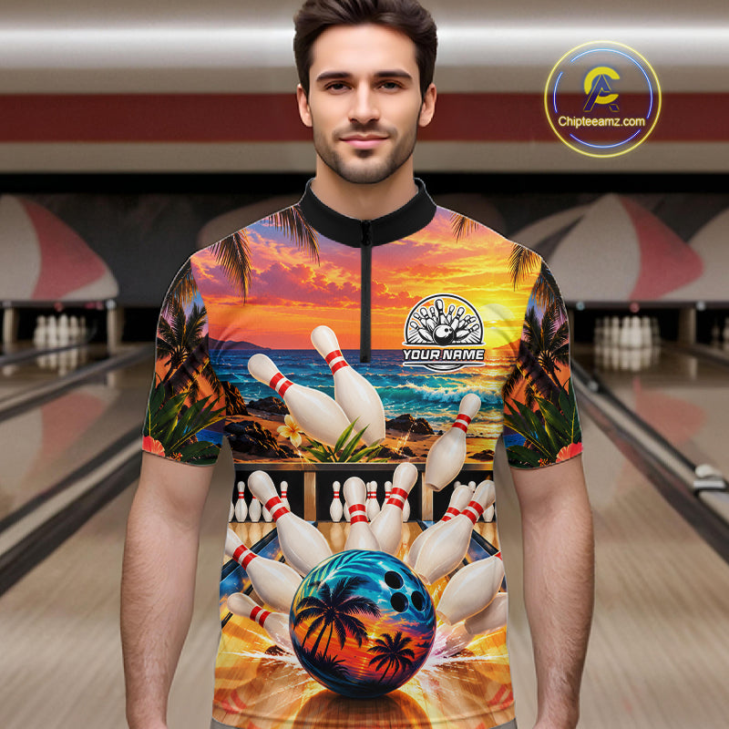 Sunset Beach Bowling Polo Quarter Zip Shirts For Men Custom Youth Bowling Team Jerseys NYN4941