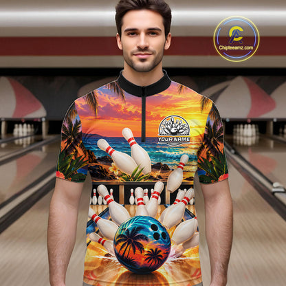 Sunset Beach Bowling Polo Quarter Zip Shirts For Men Custom Youth Bowling Team Jerseys NYN4941