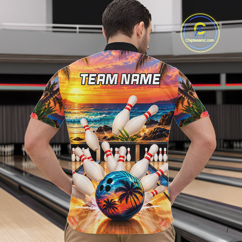 Sunset Beach Bowling Polo Quarter Zip Shirts For Men Custom Youth Bowling Team Jerseys NYN4941
