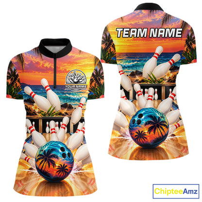 Sunset Beach Bowling Polo Quarter Zip Shirts For Women Custom Youth Bowling Team Jerseys NYN4941