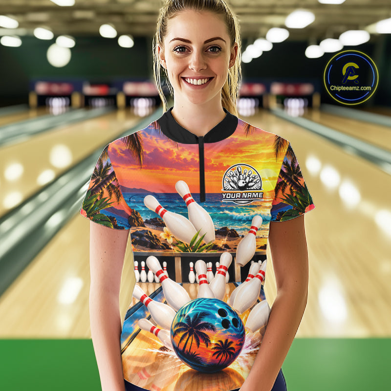 Sunset Beach Bowling Polo Quarter Zip Shirts For Women Custom Youth Bowling Team Jerseys NYN4941