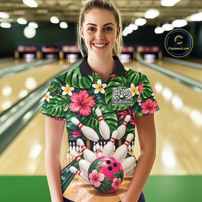 Monstera Floral Flower Bowling Polo Quarter Zip Shirts For Women Custom Youth Bowling Team Jerseys NYN4942