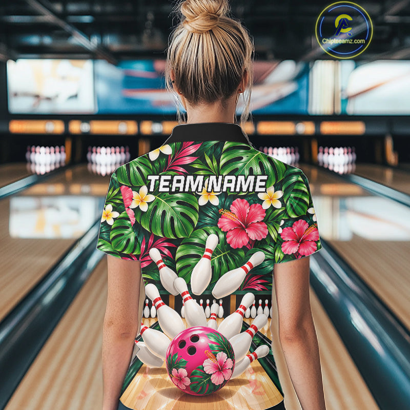 Monstera Floral Flower Bowling Polo Quarter Zip Shirts For Women Custom Youth Bowling Team Jerseys NYN4942