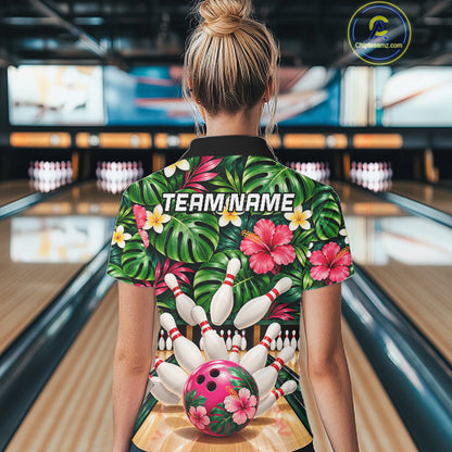 Monstera Floral Flower Bowling Polo Quarter Zip Shirts For Women Custom Youth Bowling Team Jerseys NYN4942