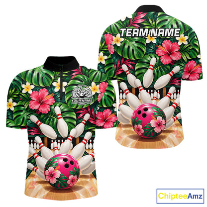 Monstera Floral Flower Bowling Polo Quarter Zip Shirts For Men Custom Youth Bowling Team Jerseys NYN4942