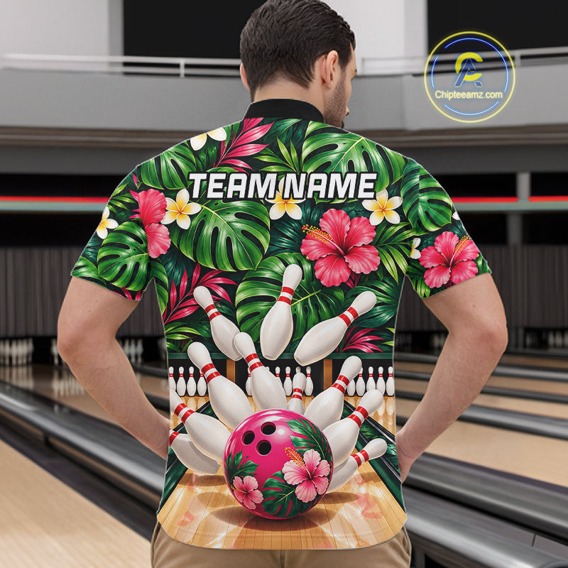 Monstera Floral Flower Bowling Polo Quarter Zip Shirts For Men Custom Youth Bowling Team Jerseys NYN4942