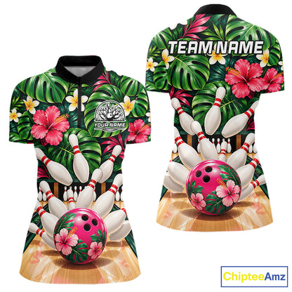 Monstera Floral Flower Bowling Polo Quarter Zip Shirts For Women Custom Youth Bowling Team Jerseys NYN4942