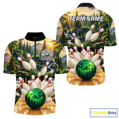 Forest Green Bowling Polo Quarter Zip Shirts For Men Custom Youth Bowling Team Jerseys NYN4943