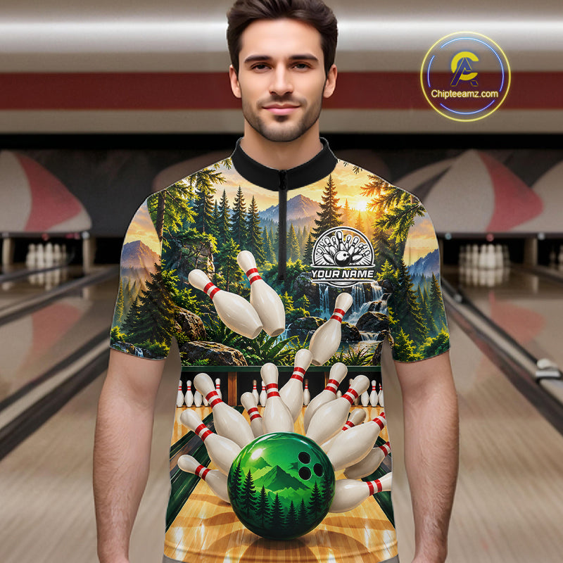 Forest Green Bowling Polo Quarter Zip Shirts For Men Custom Youth Bowling Team Jerseys NYN4943