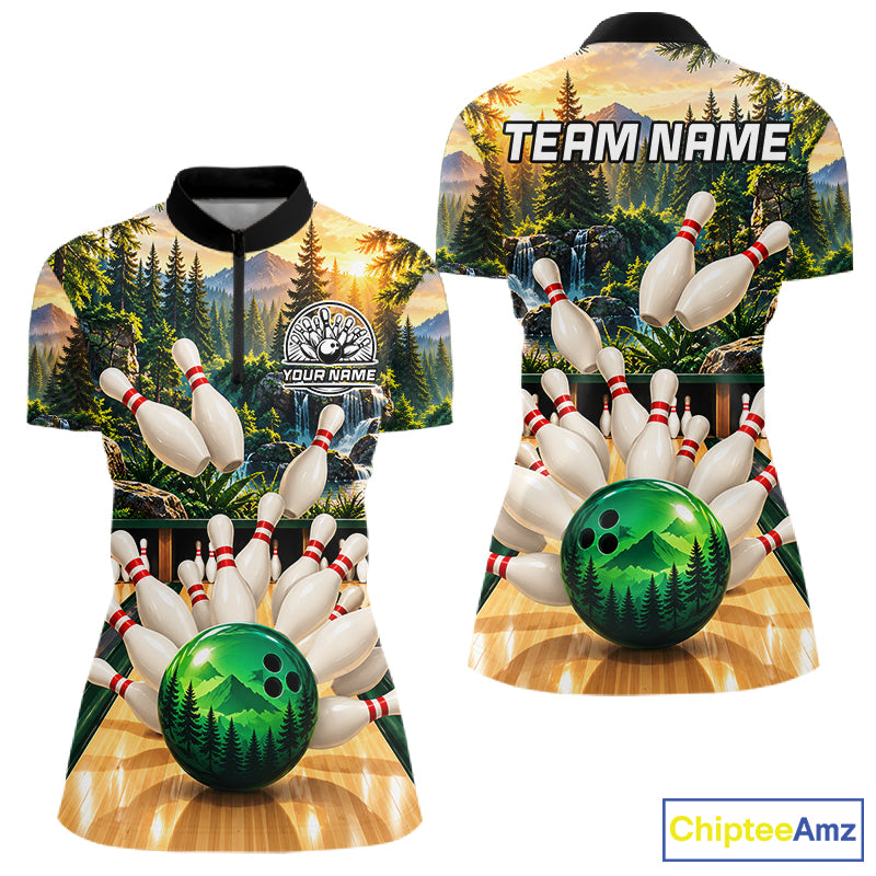 Forest Green Bowling Polo Quarter Zip Shirts For Women Custom Youth Bowling Team Jerseys NYN4943