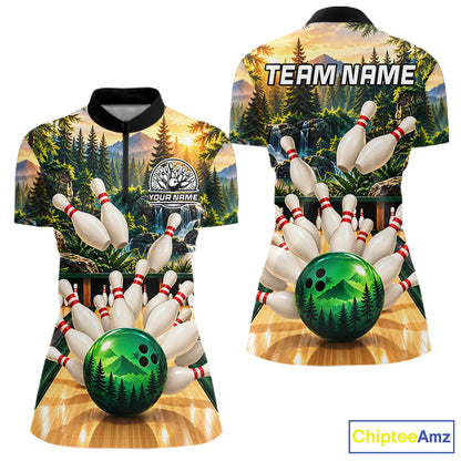 Forest Green Bowling Polo Quarter Zip Shirts For Women Custom Youth Bowling Team Jerseys NYN4943