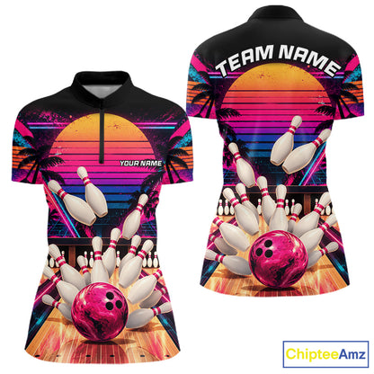 Vintage 80S Bowling Polo Quarter Zip Shirts For Women Custom Youth Retro Bowling Team Jerseys NYN4944