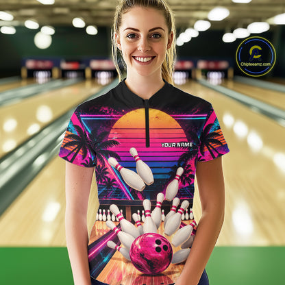 Vintage 80S Bowling Polo Quarter Zip Shirts For Women Custom Youth Retro Bowling Team Jerseys NYN4944