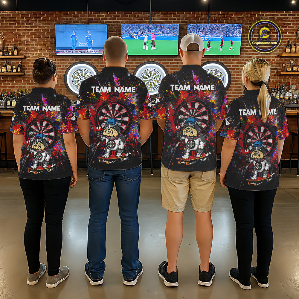 Multi-Color Splatter Funny Bulldog Custom Men Darts Quarter-Zip League Shirts Dart Team Jerseys NYN2255