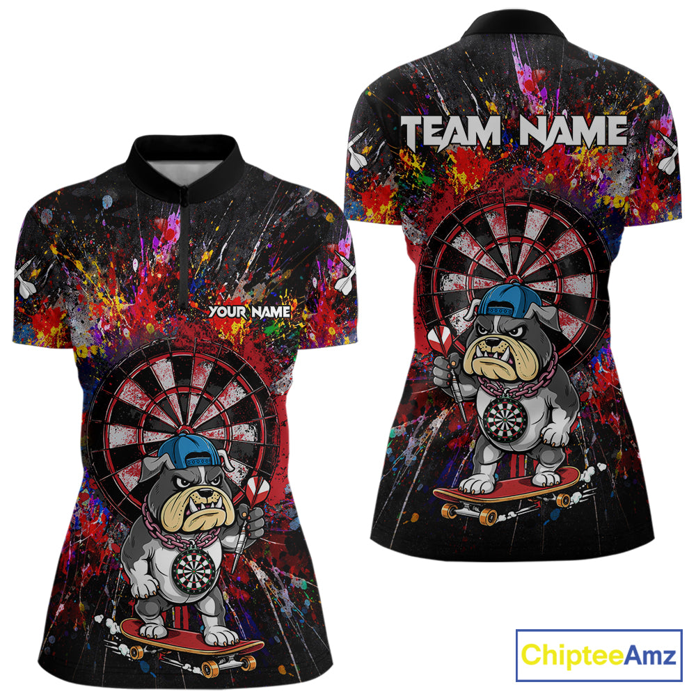 Multi-Color Splatter Funny Bulldog Custom Women Darts Quarter-Zip League Shirts Dart Team Jerseys NYN2255