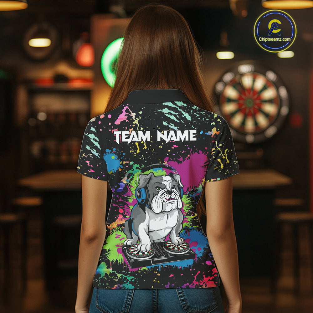 Colorful Paint Funny Dj Music Bulldog Custom Women Darts Polo Shirts Dart League Jerseys NYN2257